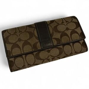 Coach Signature Monogram Tri-Fold Wallet Womens Brown Good Canvas Leather